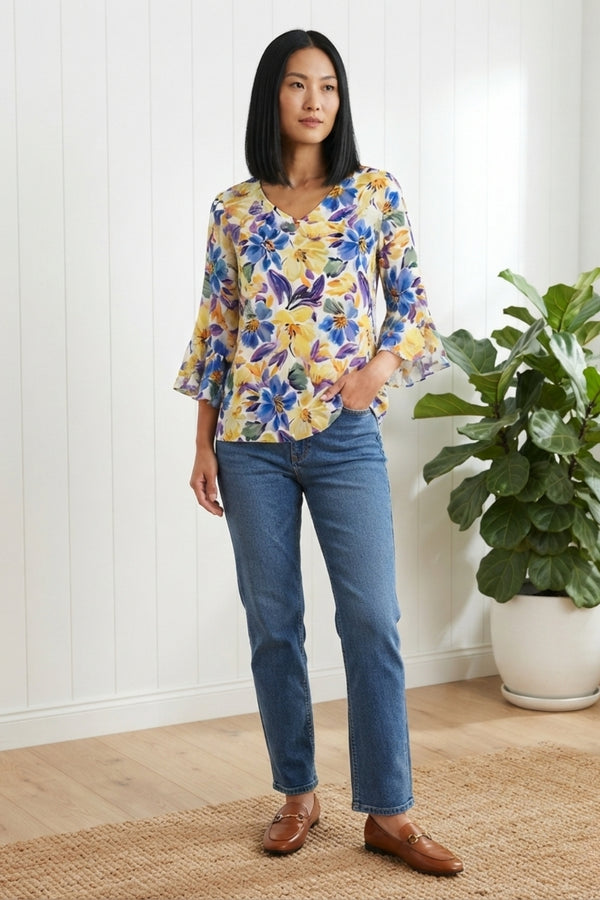 Floral 3/4 Flared Sleeve Relaxed Blouse| BLUE