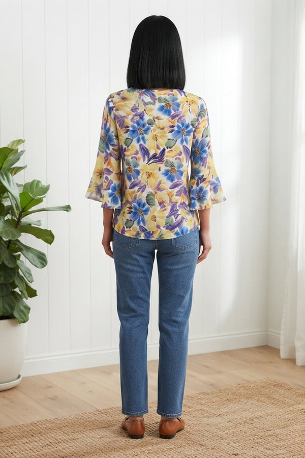 Floral 3/4 Flared Sleeve Relaxed Blouse| BLUE