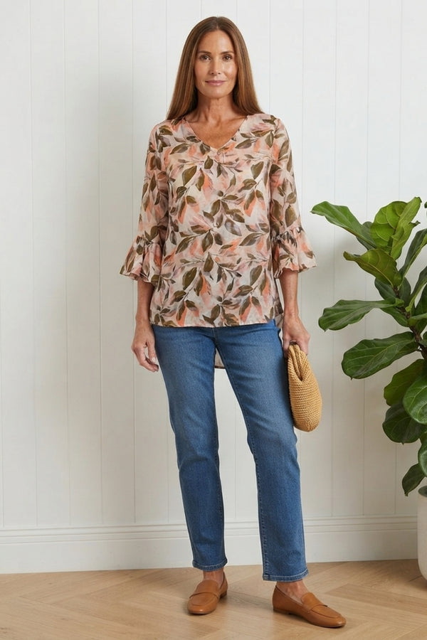 Leaf Print 3/4 Flare Sleeve Blouse| PINK