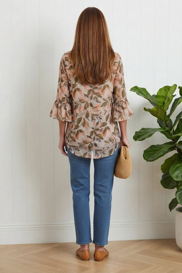 Leaf Print 3/4 Flare Sleeve Blouse| PINK