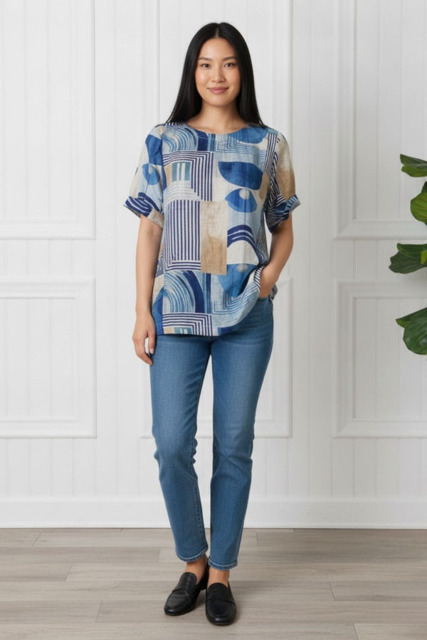 Abstract Short Sleeve Relaxed Blouse| NAVY