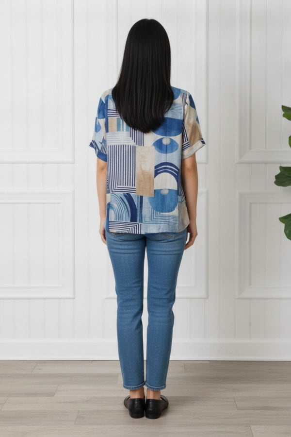 Abstract Short Sleeve Relaxed Blouse| NAVY