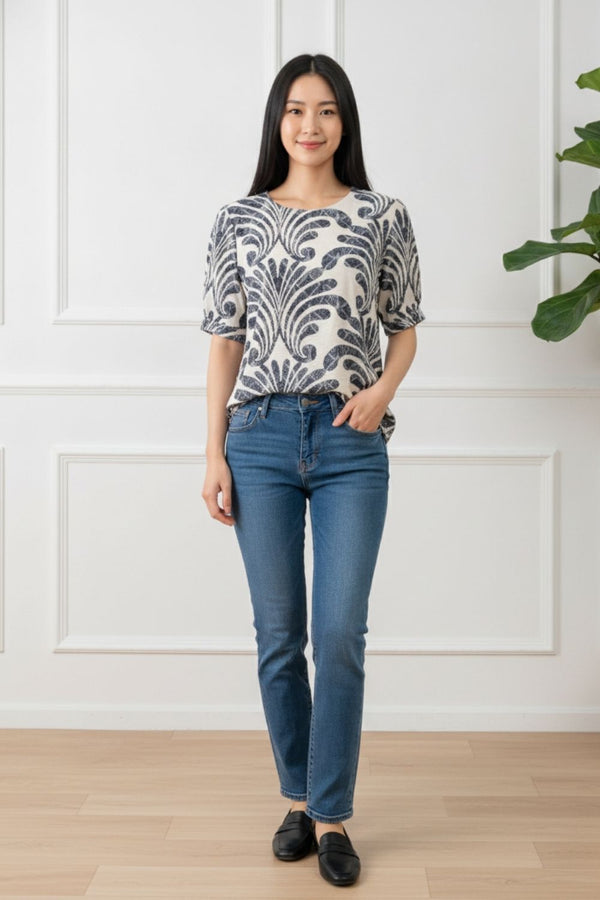 Printed Short Sleeve Relaxed Blouse | NAVY