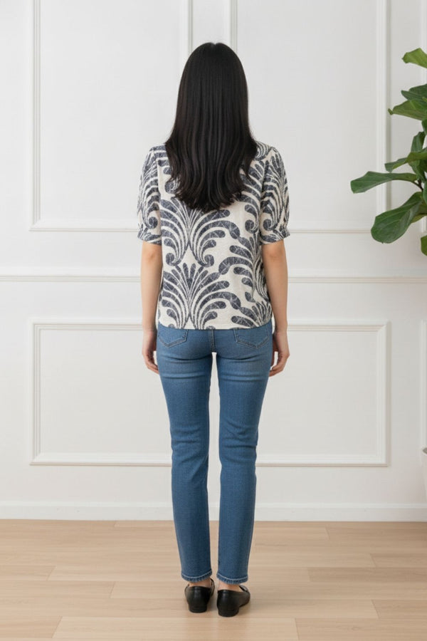 Printed Short Sleeve Relaxed Blouse | NAVY