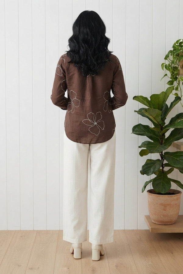 Embroidered Floral Long Sleeve Shirt| BROWN