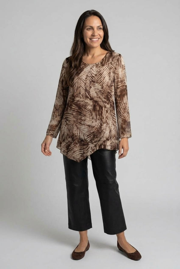 Leaf Print Floaty Hanky Hem Tunic Top| MULTI BROWN