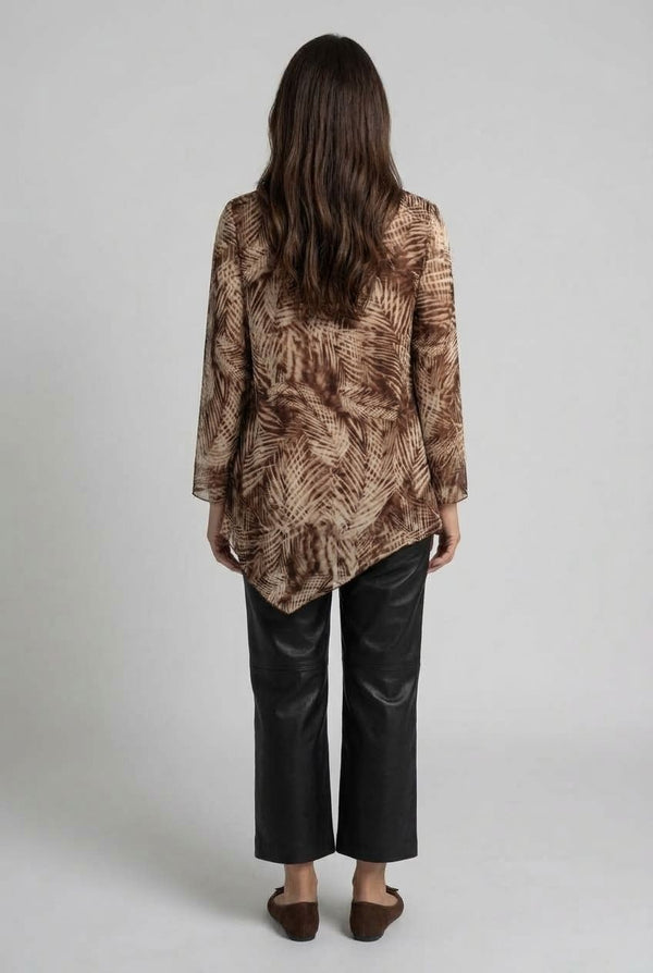Leaf Print Floaty Hanky Hem Tunic Top| MULTI BROWN