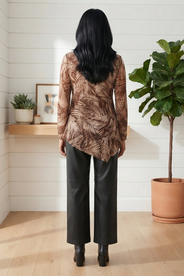 Leaf Print Floaty Hanky Hem Tunic Top| BROWN