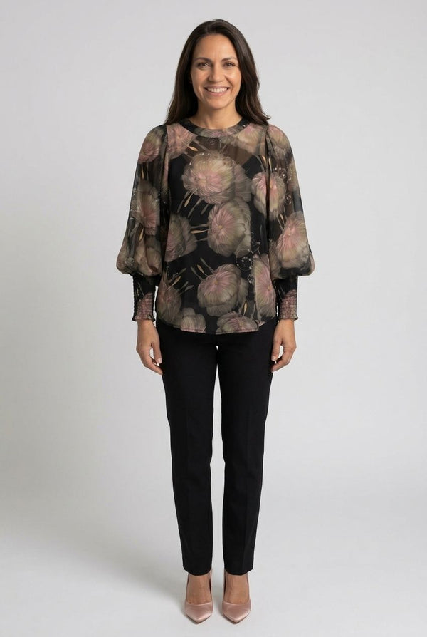 Floral Long Balloon Sleeve Floaty Top| MULTI BLACK