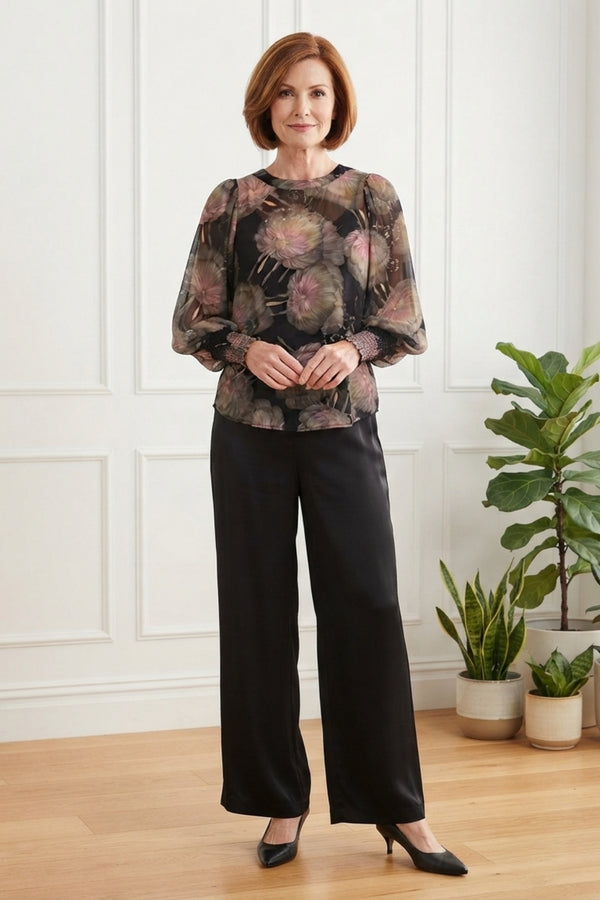 Floral Long Balloon Sleeve Floaty Top| MULTI BLACK