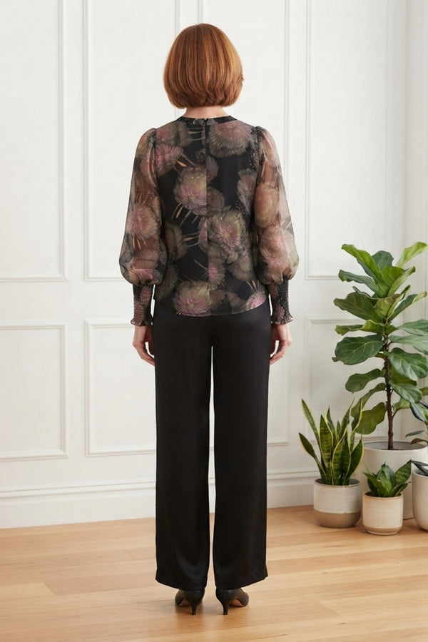 Floral Long Balloon Sleeve Floaty Top| MULTI BLACK