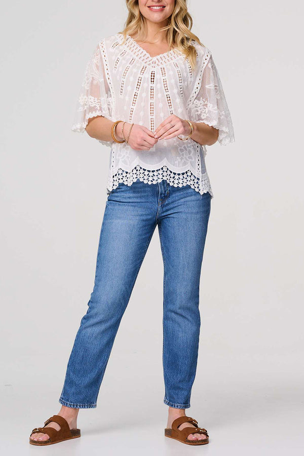 WHITE | Embroidered Sheer 3/4 Sleeve Blouse