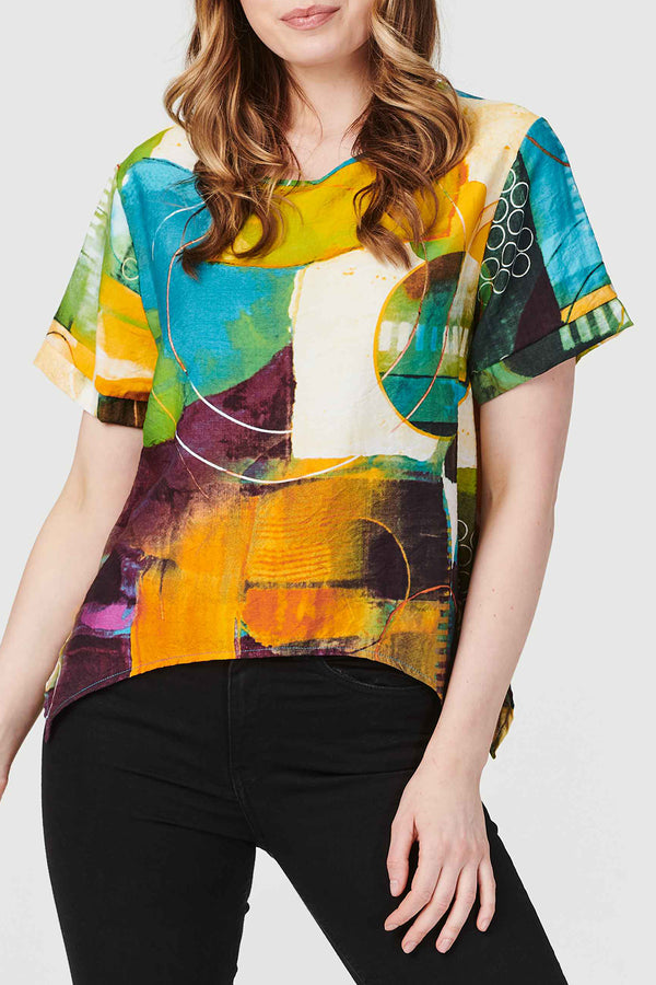 MULTI BEIGE | Abstract Short Sleeve Curve Hem T-Shirt
