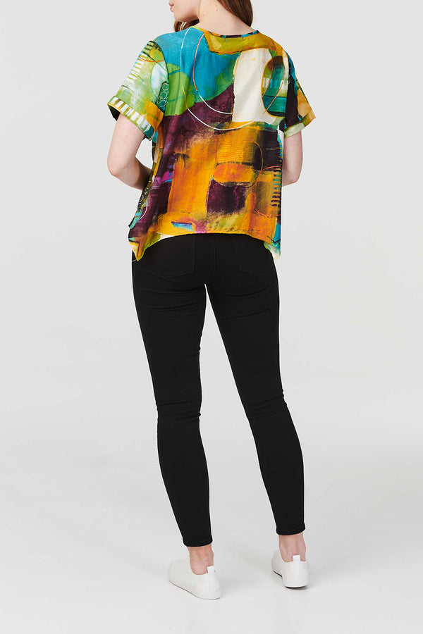 MULTI BEIGE | Abstract Short Sleeve Curve Hem T-Shirt
