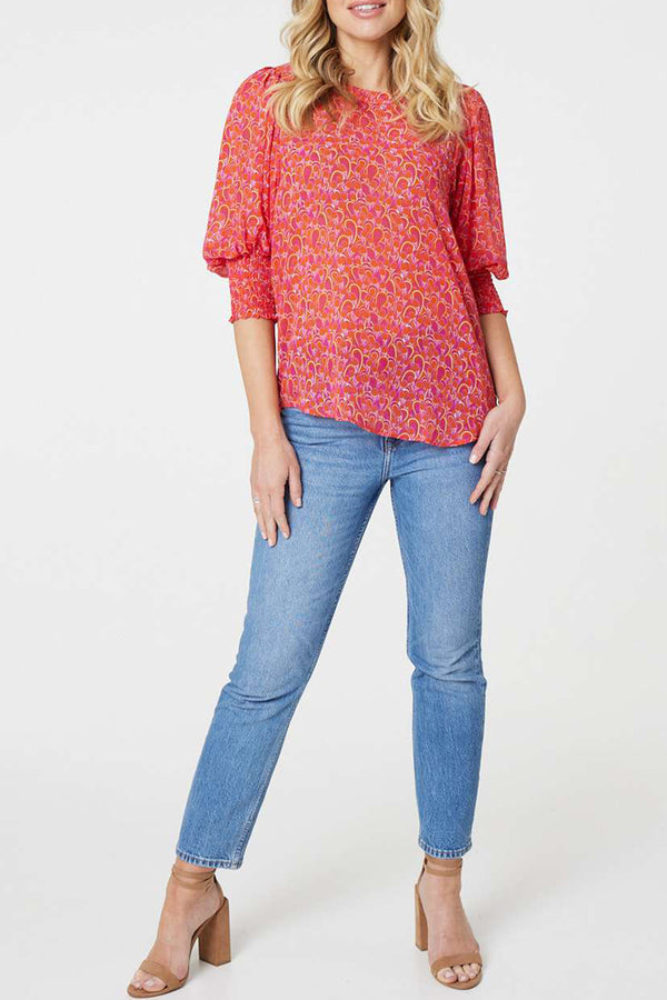 MULTI RED | Printed 3/4 Puff Sleeve Blouse