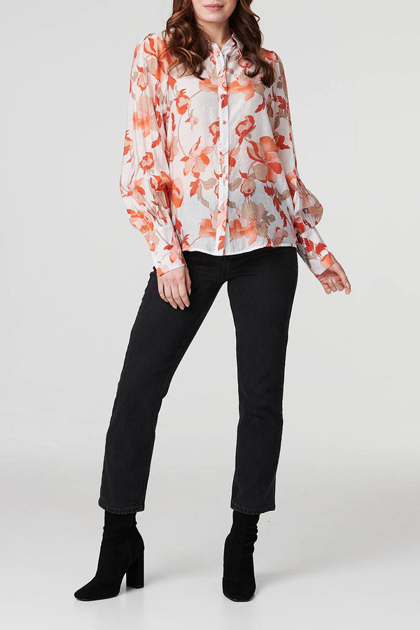 MULTI ORANGE | Floral Semi Sheer Shirt