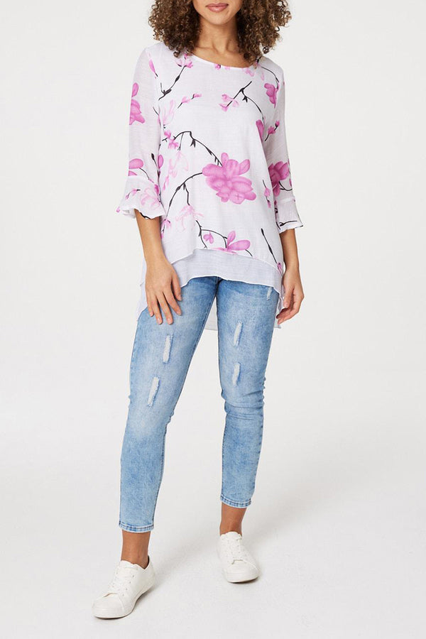 PINK | Floral Print 3/4 Flared Sleeve Blouse