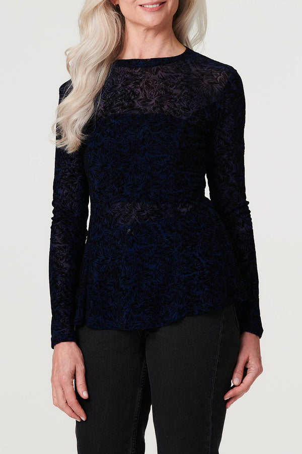 NAVY | Floral Lace Sheer Long Sleeve Top