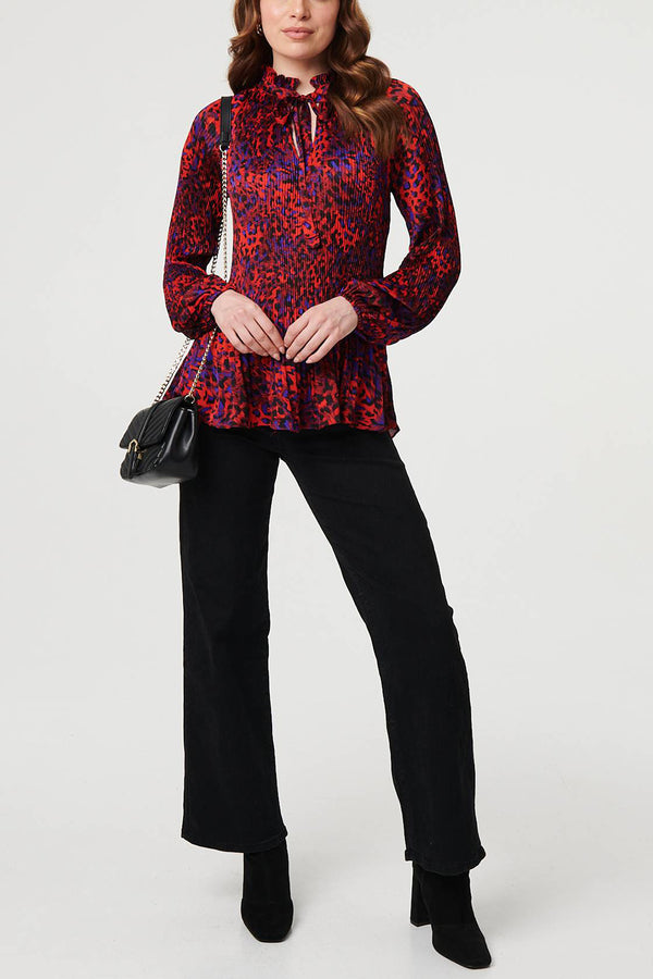 RED | Animal Print Pleated Tie Neck Blouse