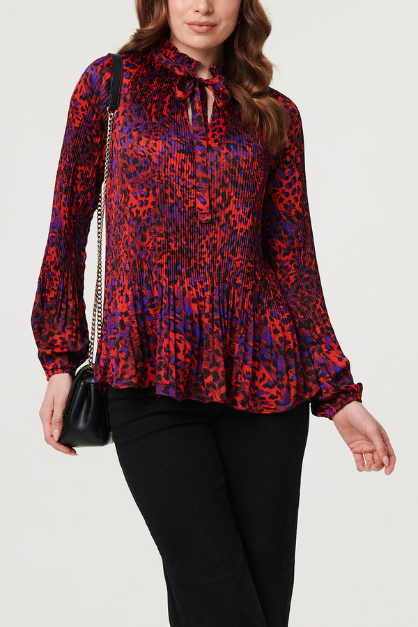 RED | Animal Print Pleated Tie Neck Blouse