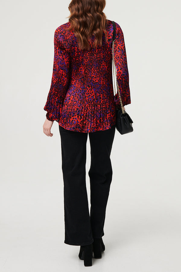RED | Animal Print Pleated Tie Neck Blouse