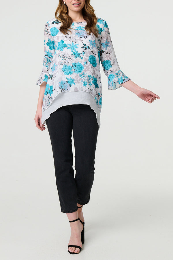 MULTI BLUE | Animal Print 3/4 Sleeve Layered Blouse