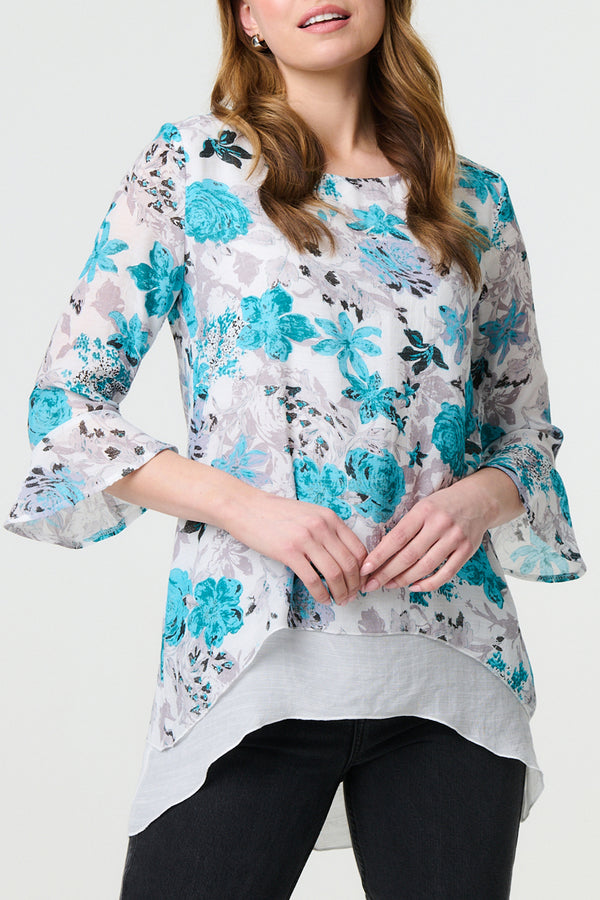 MULTI BLUE | Animal Print 3/4 Sleeve Layered Blouse