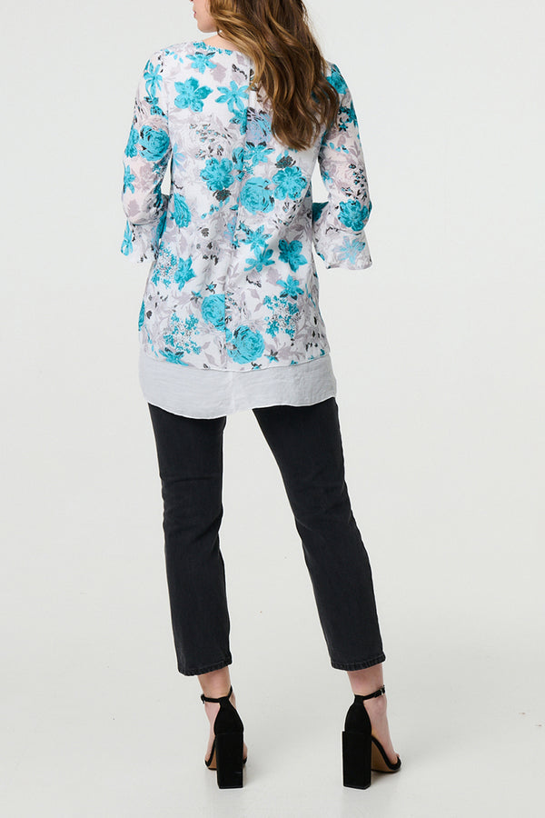 MULTI BLUE | Animal Print 3/4 Sleeve Layered Blouse