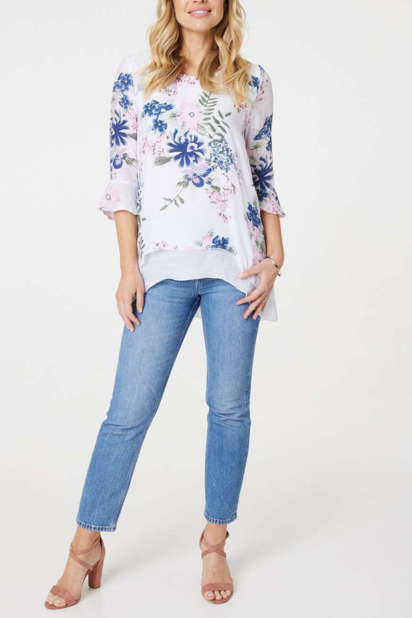 MULTI PINK | Floral Print 3/4 Sleeve Tunic Top
