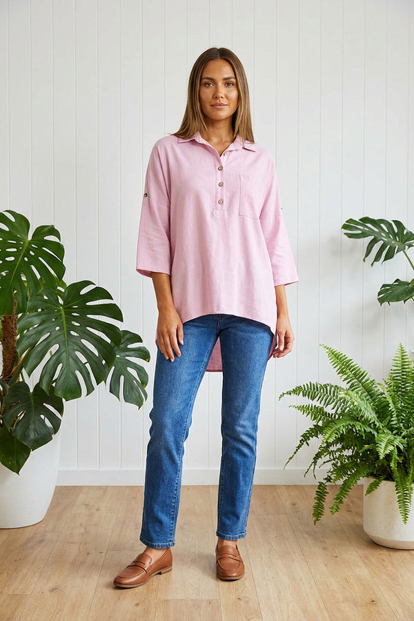 PINK | Button Detail Oversized Curve Hem Blouse