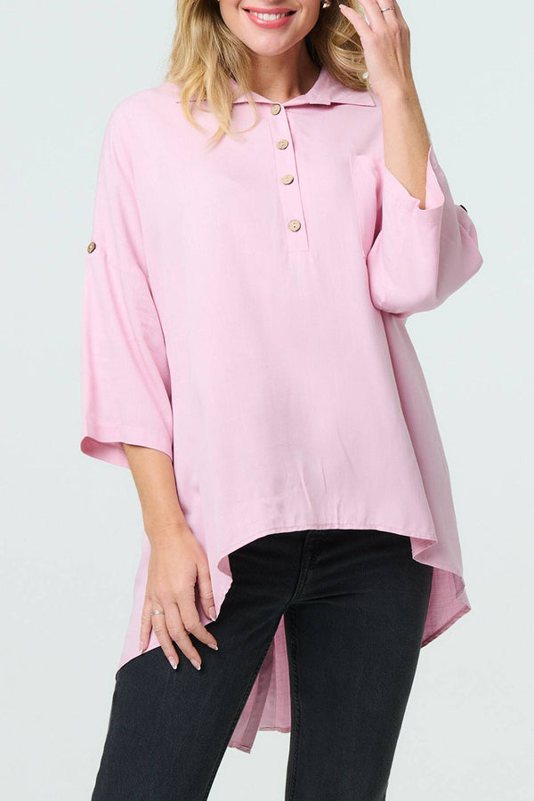 PINK | Button Detail Oversized Curve Hem Blouse