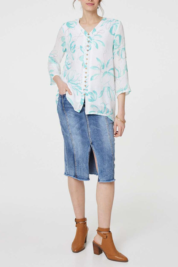 TURQUOISE | Floral Turn-Up Sleeve Tunic Top