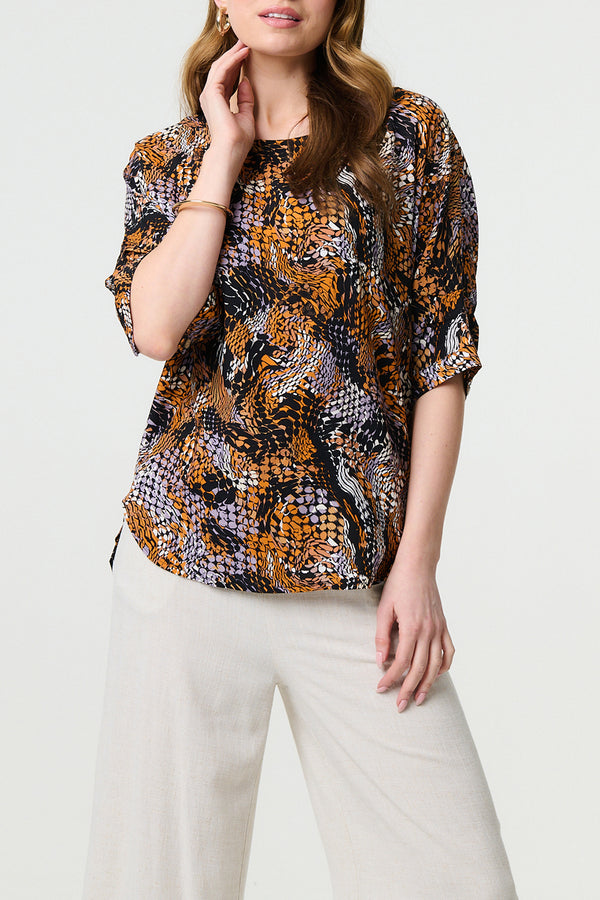 MULTI BLACK | Animal Print 3/4 Sleeve Curve Hem Blouse