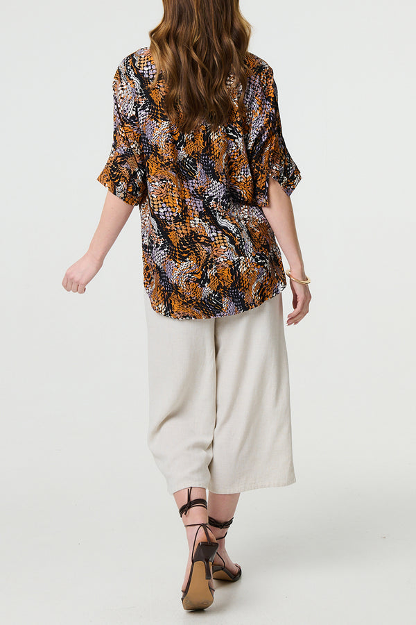 MULTI BLACK | Animal Print 3/4 Sleeve Curve Hem Blouse