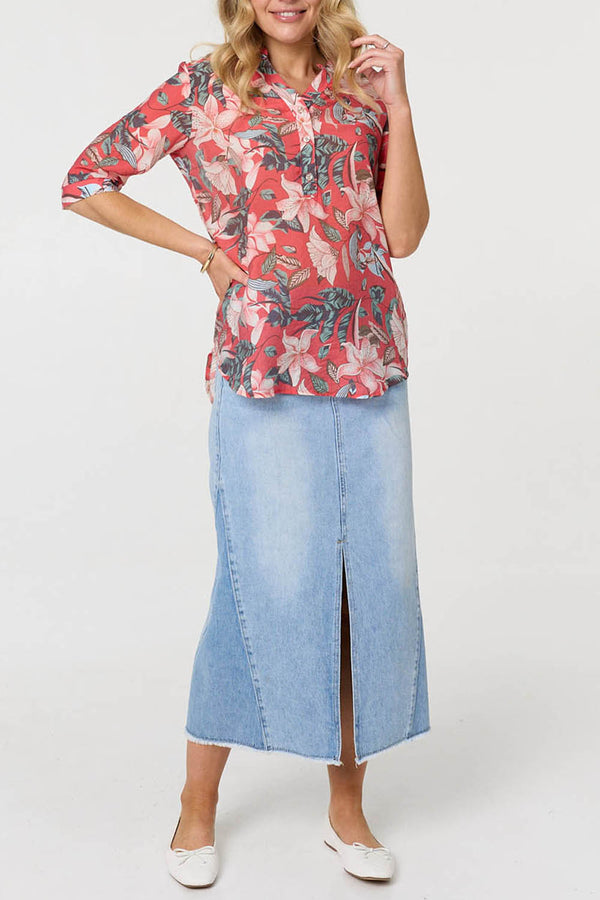 Floral 3/4 Sleeve Button Relaxed Blouse| RED