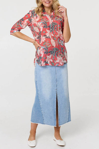 Floral 3/4 Sleeve Button Relaxed Blouse| RED
