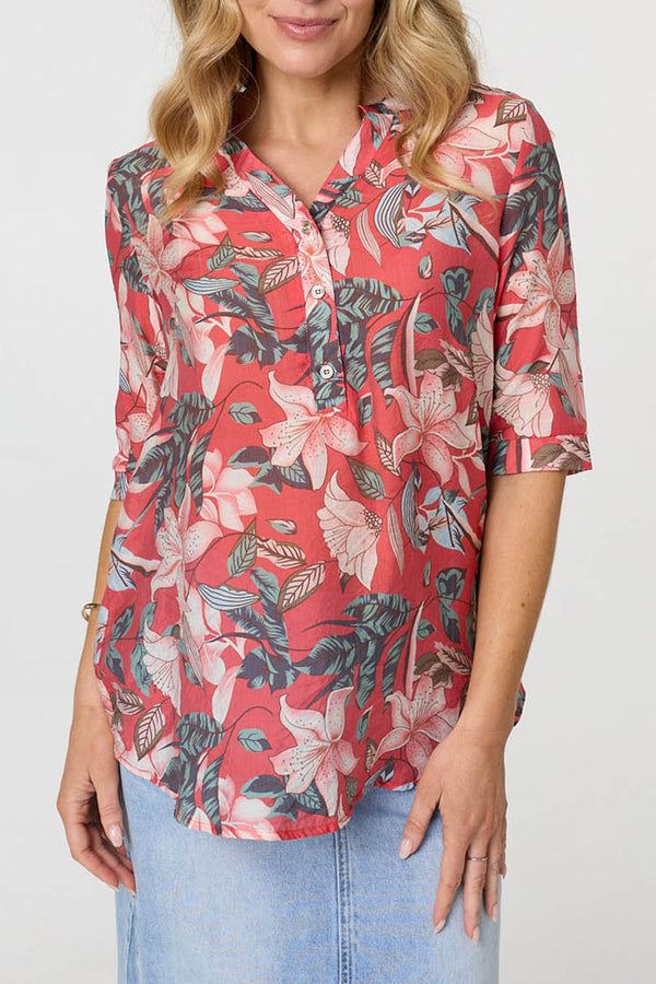 Floral 3/4 Sleeve Button Relaxed Blouse| RED
