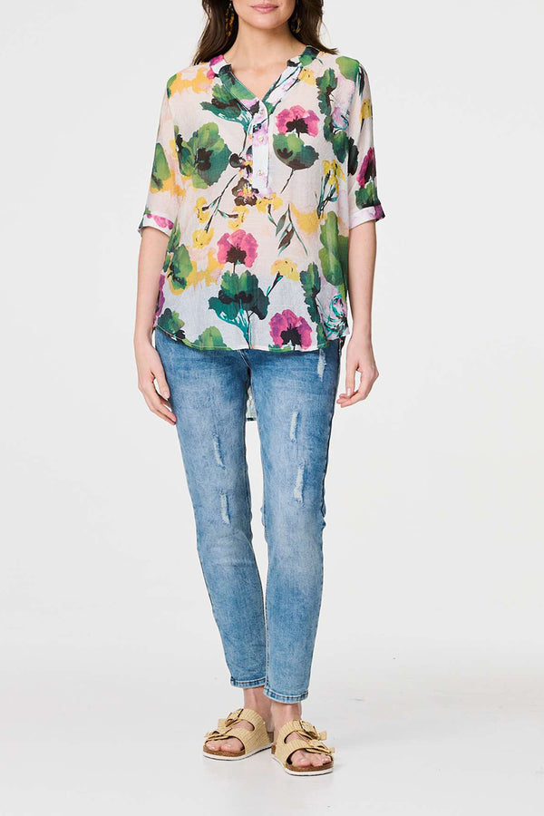 GREEN | Floral 3/4 Turn-Up Sleeve Blouse
