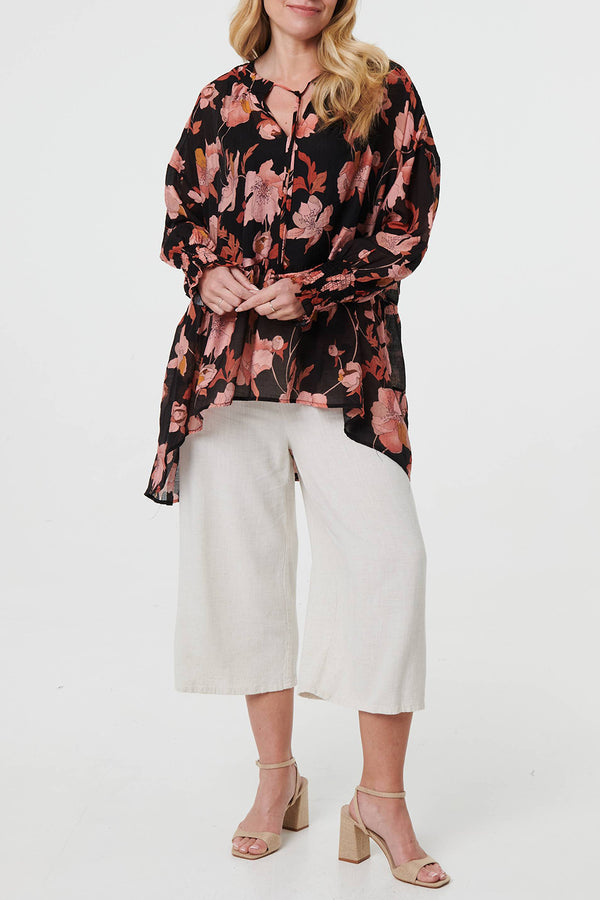 BLACK | Floral Tie Neck Frilled Tunic Blouse