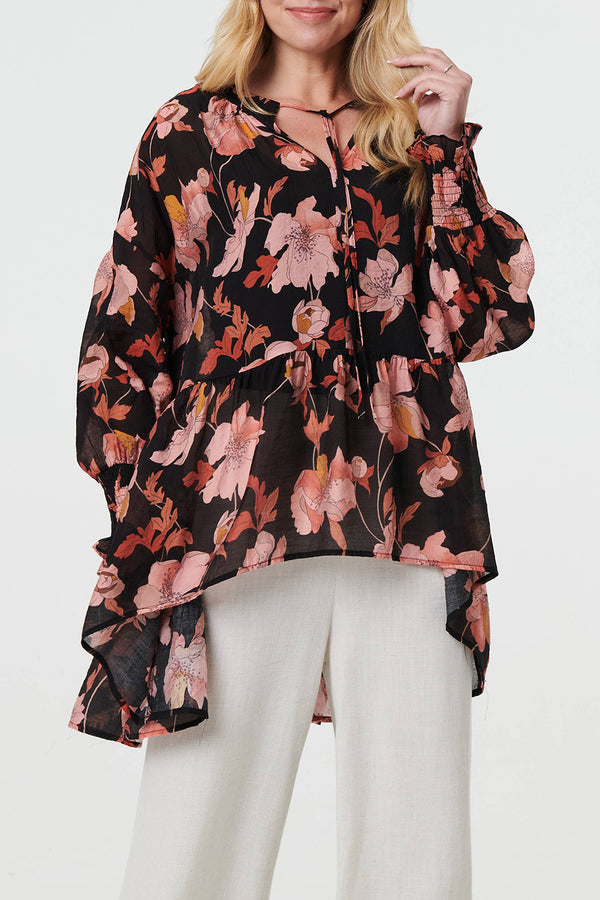 BLACK | Floral Tie Neck Frilled Tunic Blouse