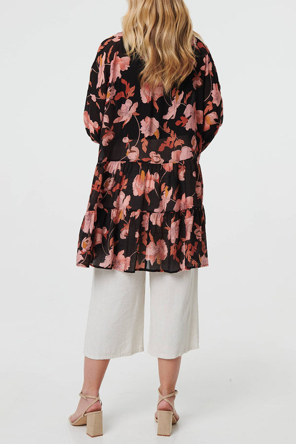 BLACK | Floral Tie Neck Frilled Tunic Blouse