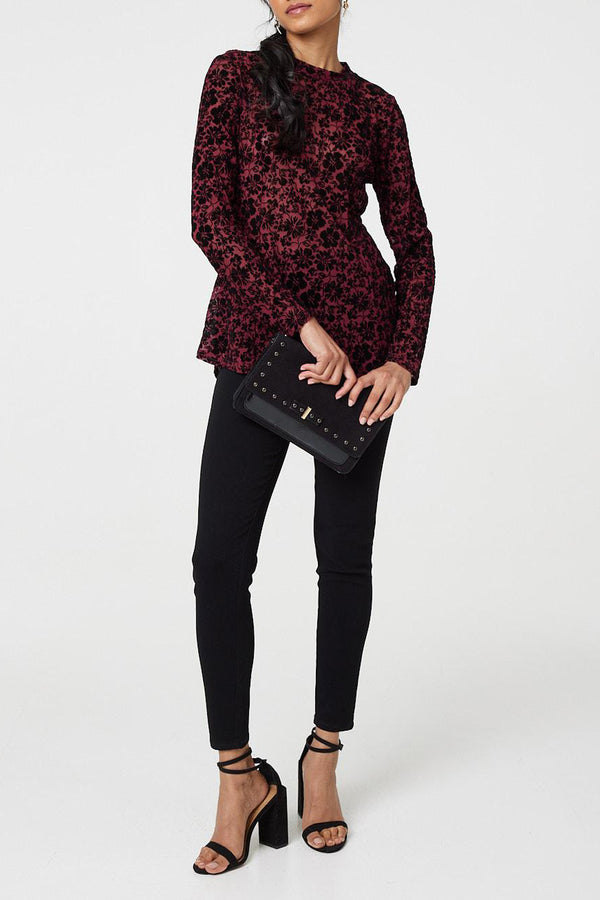 BURGUNDY | Floral Mesh Layer Long Sleeve Peplum Top