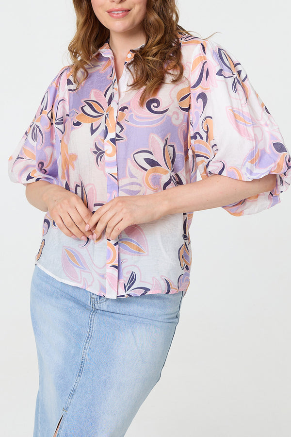 PURPLE /Floral 1/2 Puff Sleeve Relaxed Shirt
