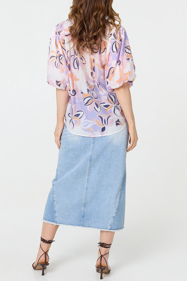 PURPLE /Floral 1/2 Puff Sleeve Relaxed Shirt
