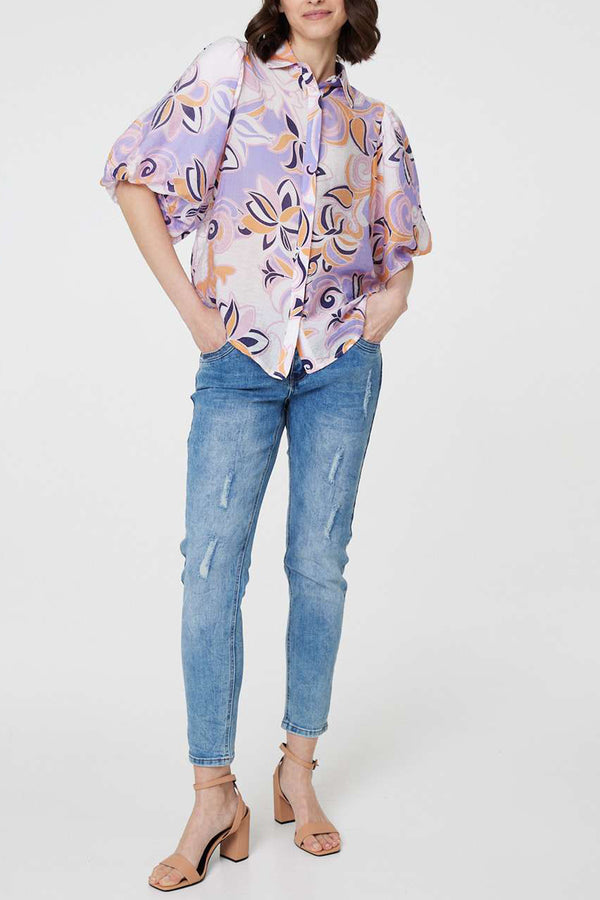 PURPLE | Floral Print 1/2 Puff Sleeve Shirt