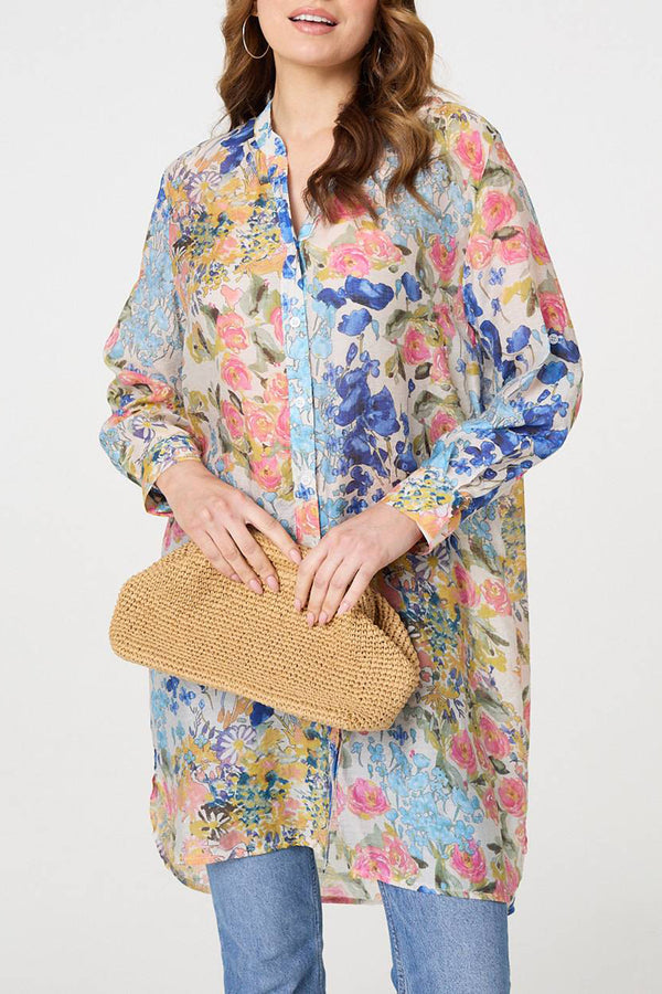 MULTI BLUE | Floral Long Sleeve Tunic Shirt