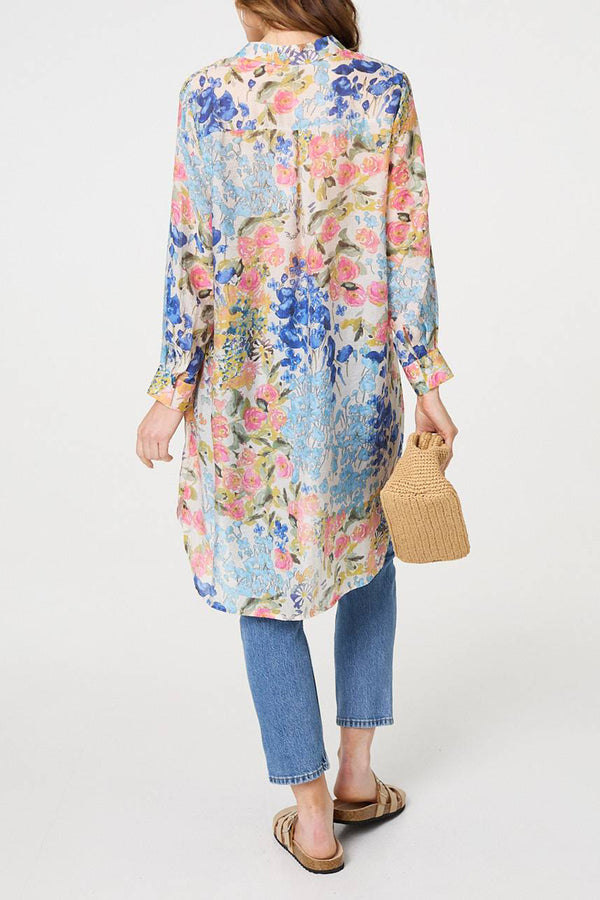 MULTI BLUE | Floral Long Sleeve Tunic Shirt