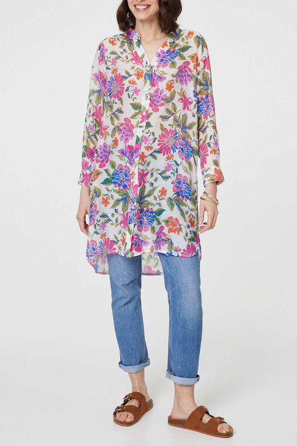MULTI PINK | Floral Print Longline Tunic Shirt