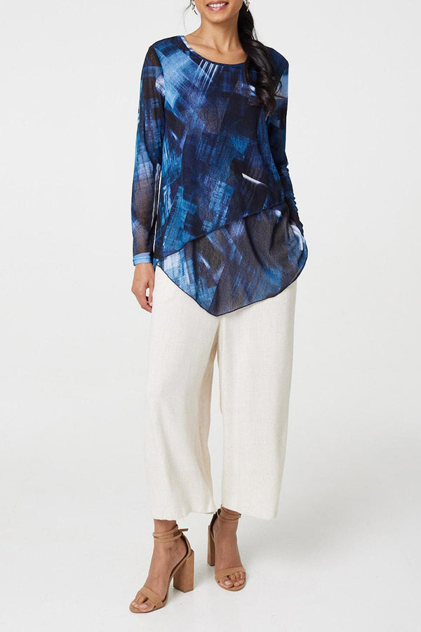 NAVY | Abstract Print Sheer Asymmetric Tunic Top