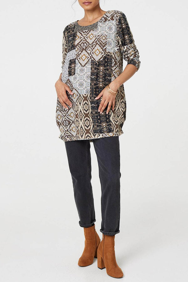 MULTI BEIGE | Patchwork Print Long Sleeve Tunic Top